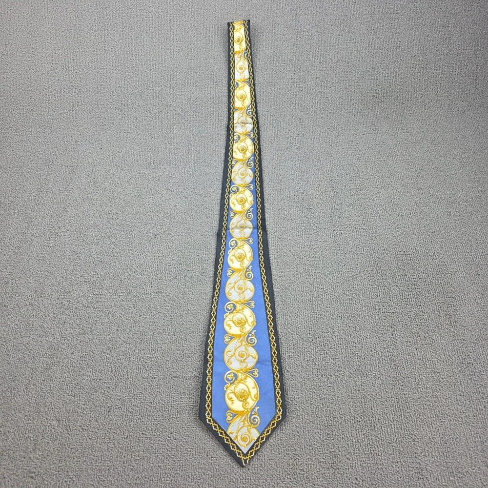Georgio Gentelli Uomo Silk Tie Men Blue Gold Baroque Scroll Hand Made 3.75